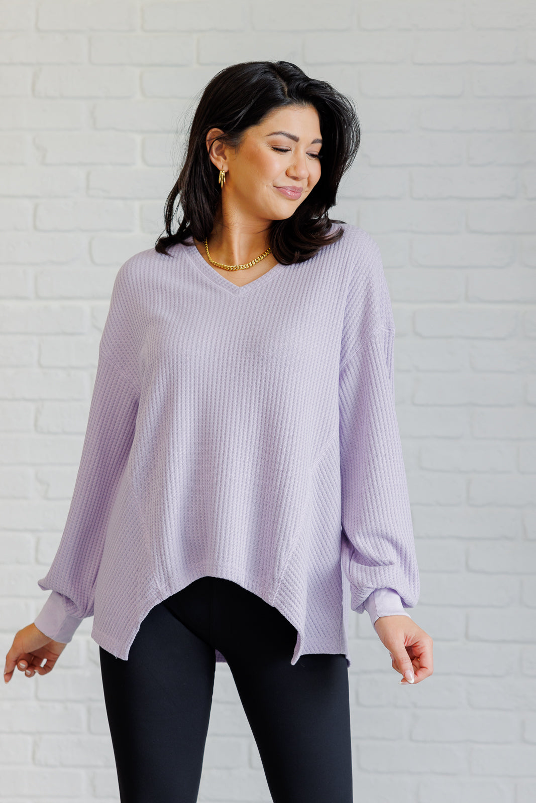 Lavender V-Neck Drop Shoulder Top with Asymmetrical Hem