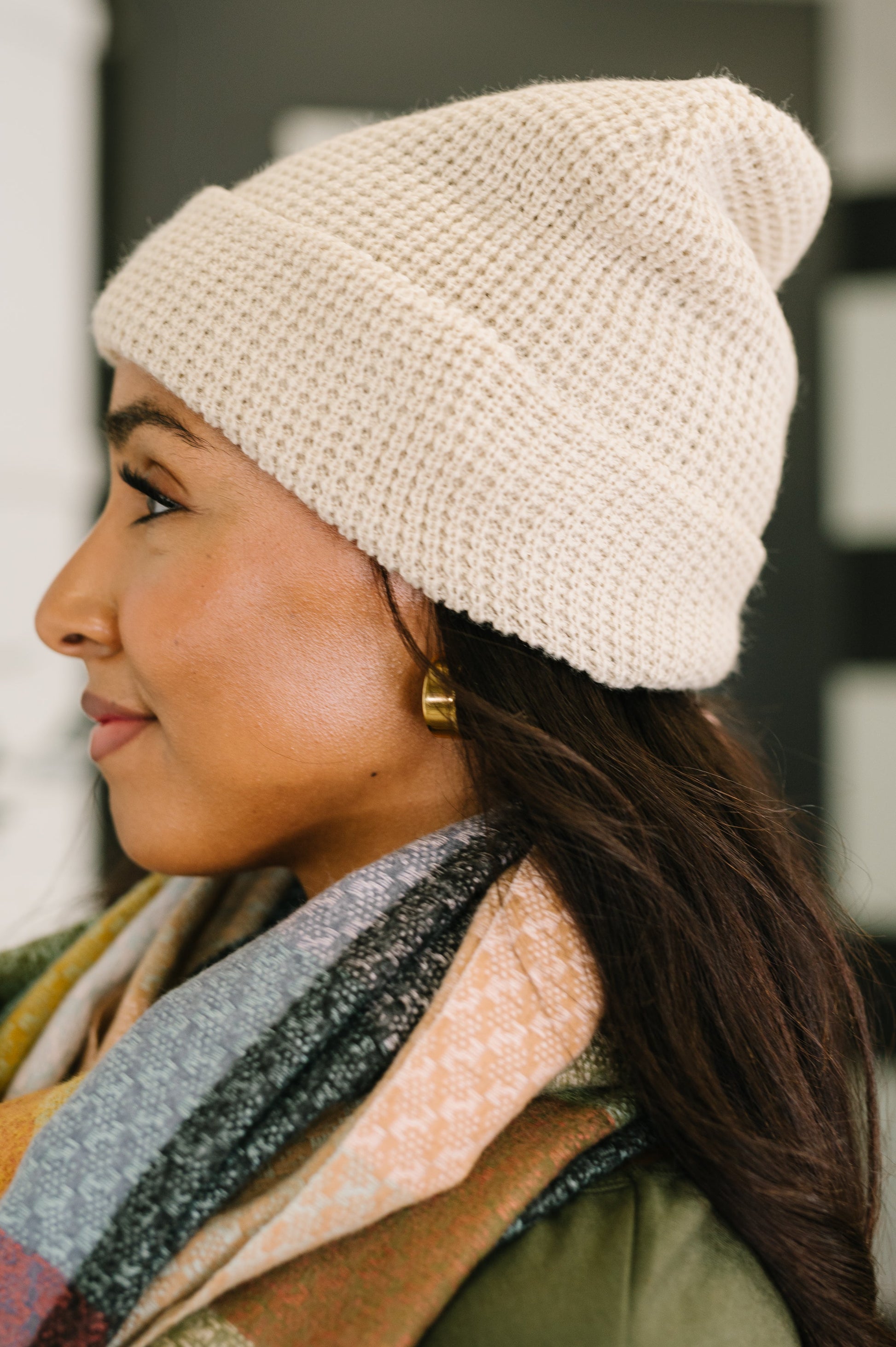 textured waffle knit beanie in toasted color with high-stretch fabric, cozy fit, and stylish winter accessory from Bethany’s Chic Boutique