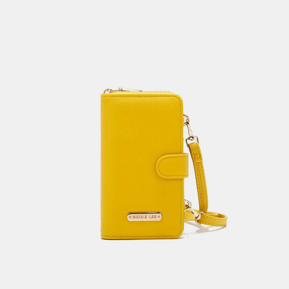 Yellow phone wallet with strap on a white background