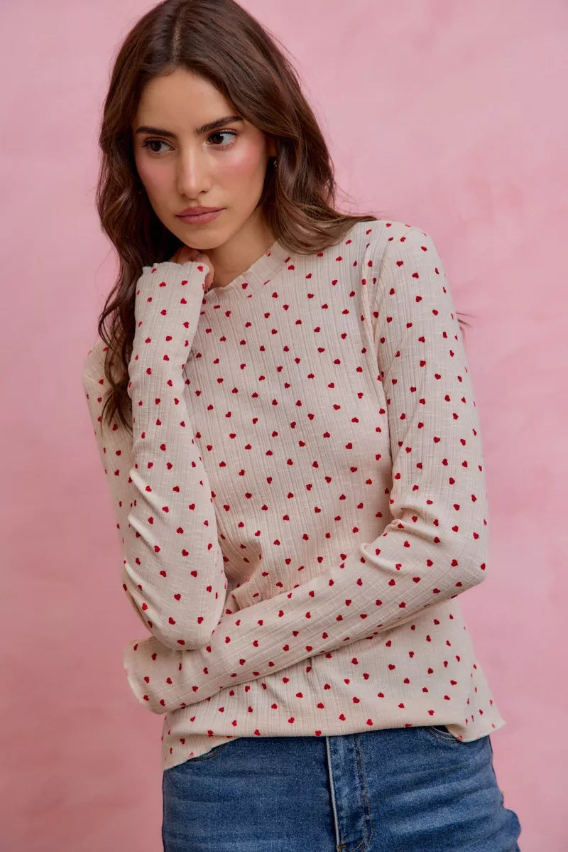 Cream long sleeve knit top with red heart print, women’s Valentine’s Day sweater top